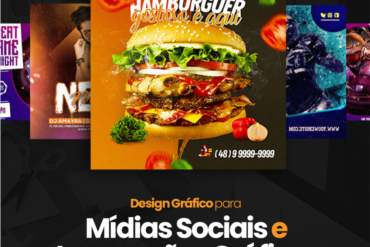 Designer profissional trabalhando em projetos de design gráfico para social media e impressões com softwares de edição.