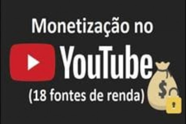 Imagem de um laptop exibindo gráficos de crescimento de receita do YouTube com o título do curso "Monetização no YouTube - 18 Fontes de Renda"