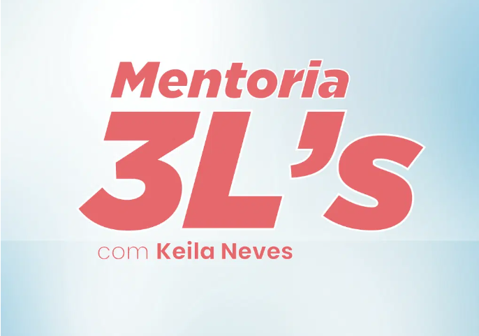Keila Neves apresentando o curso Social Media 3Ls, com ícones de redes sociais e gráfico de crescimento financeiro ao fundo.