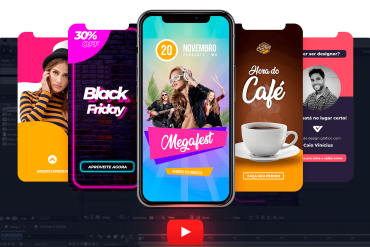 Tela de computador mostrando software de animação com Stories Animados criados por Caio Vinicius, destacando design moderno e efeitos dinâmicos.