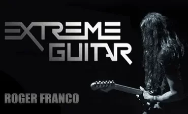 Guitarrista tocando solo com intensidade, instrumento detalhado, iluminação dramática, símbolo de download visível.