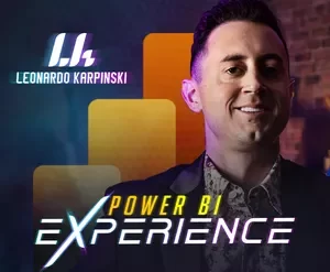 Screenshot da interface do Power BI com dashboards e gráficos de análise de dados, curso de Leonardo Karpinski.