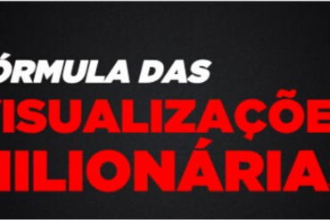 Homem sorrindo, apresentando um gráfico de visualizações milionárias em um tablet, com elementos de sucesso do YouTube ao fundo.