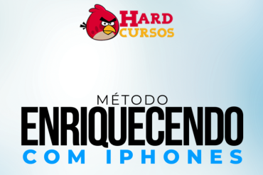 Lucas Paiva apresentando o Método Enriquecendo com iPhones, com pilhas de iPhones e gráficos de lucro subindo.