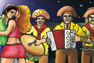 Homem e mulher dançando forró com entusiasmo, aprendendo passos com professor.