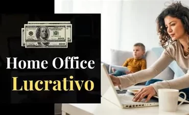 Pessoa trabalhando feliz em um home office moderno e produtivo, laptop aberto e café na mesa, com um sorriso de satisfação e sucesso.